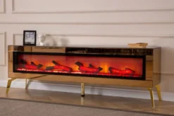 Casa Padrino Luxus TV Schrank mit LED Elektrokamin und Fernbedienung Gold 180 cm