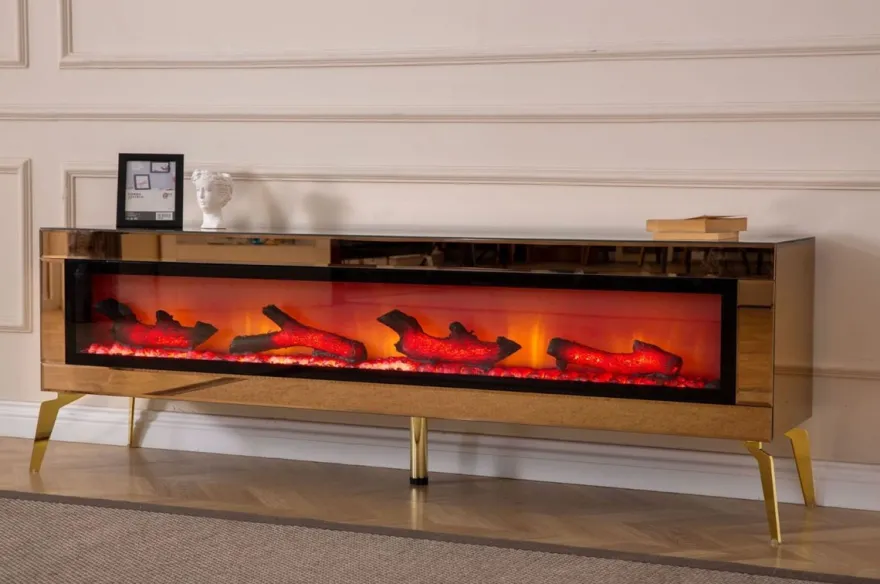 Casa Padrino Luxus TV Schrank mit LED Elektrokamin und Fernbedienung Gold 180 cm