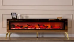 Casa Padrino Luxus TV Schrank mit LED Elektrokamin und Fernbedienung Gold 180 cm