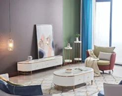 Casa Padrino Luxus TV Schrank Weiß / Messingfarben / Gold 200 x 40 x H. 42 cm - Modernes Wohnzimmer Sideboard mit 3 Schubladen - Moderne Wohnzimmer TV Möbel