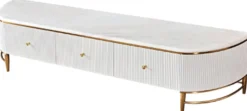 Casa Padrino Luxus TV Schrank Weiß / Messingfarben / Gold 200 x 40 x H. 42 cm - Modernes Wohnzimmer Sideboard mit 3 Schubladen - Moderne Wohnzimmer TV Möbel