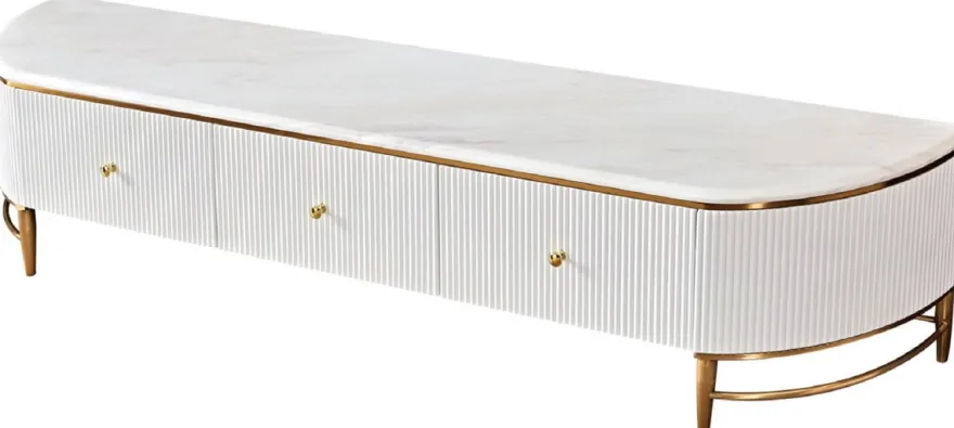 Casa Padrino Luxus TV Schrank Weiß / Messingfarben / Gold 200 x 40 x H. 42 cm - Modernes Wohnzimmer Sideboard mit 3 Schubladen - Moderne Wohnzimmer TV Möbel