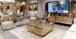 Casa Padrino Luxus TV Schrank Grau / Gold 254 x 50 x H. 65 cm - Massivholz Sideboard mit 4 Türen - Wohnzimmer Möbel - Luxus Möbel - Luxus Einrichtung