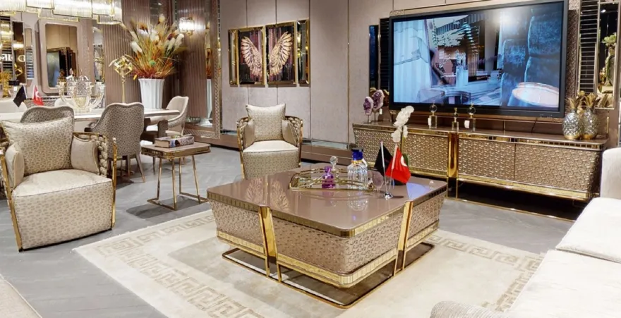 Casa Padrino Luxus TV Schrank Grau / Gold 254 x 50 x H. 65 cm - Massivholz Sideboard mit 4 Türen - Wohnzimmer Möbel - Luxus Möbel - Luxus Einrichtung