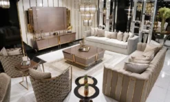 Casa Padrino Luxus TV Schrank Grau / Gold 254 x 50 x H. 65 cm - Massivholz Sideboard mit 4 Türen - Wohnzimmer Möbel - Luxus Möbel - Luxus Einrichtung