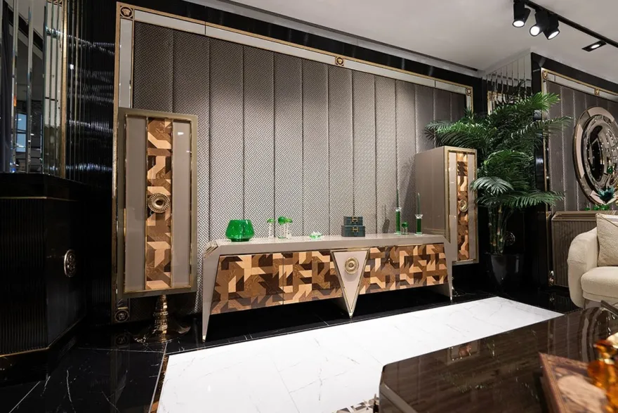 Casa Padrino Luxus TV Schrank Set Grau / Braun / Gold - Massivholz Wohnzimmer Sideboard mit 2 Reaglschränken - Wohnzimmer Möbel - Luxus Möbel