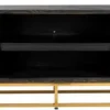 Casa Padrino Luxus TV Schrank Schwarz / Gold 220 x 42,5 x H. 60 cm - Massivholz Sideboard mit 4 Türen - Wohnzimmer Möbel - Hotel Möbel - Luxus Kollektion