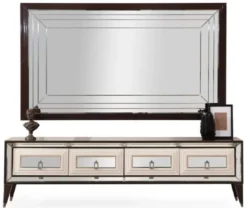 Casa Padrino Luxus TV Schrank Set Dunkelbraun / Creme / Silber - Verspiegeltes Wohnzimmer Sideboard mit TV Rückwand - Wohnzimmer Möbel - Luxus Möbel - Luxus Einrichtung