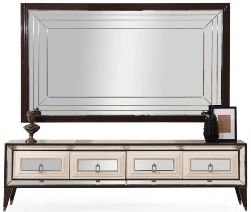 Casa Padrino Luxus TV Schrank Set Dunkelbraun / Creme / Silber - Verspiegeltes Wohnzimmer Sideboard mit TV Rückwand - Wohnzimmer Möbel - Luxus Möbel - Luxus Einrichtung