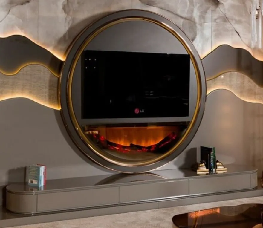 Casa Padrino Luxus TV Schrank Set Grau / Gold - Wohnzimmer Sideboard mit LED Kamin - Wohnzimmer Möbel - Hotel Möbel - Luxus Möbel