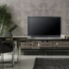Casa Padrino Luxus TV Schrank mit 3 verspiegelten Schubladen Schwarz / Silber 220 x 49 x H. 64 cm - Wohnzimmer Möbel - Luxus Qualität