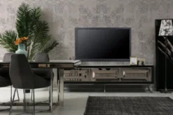 Casa Padrino Luxus TV Schrank mit 3 verspiegelten Schubladen Schwarz / Silber 220 x 49 x H. 64 cm - Wohnzimmer Möbel - Luxus Qualität