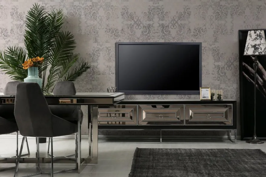 Casa Padrino Luxus TV Schrank mit 3 verspiegelten Schubladen Schwarz / Silber 220 x 49 x H. 64 cm - Wohnzimmer Möbel - Luxus Qualität