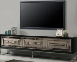 Casa Padrino Luxus TV Schrank mit 3 verspiegelten Schubladen Schwarz / Silber 220 x 49 x H. 64 cm - Wohnzimmer Möbel - Luxus Qualität