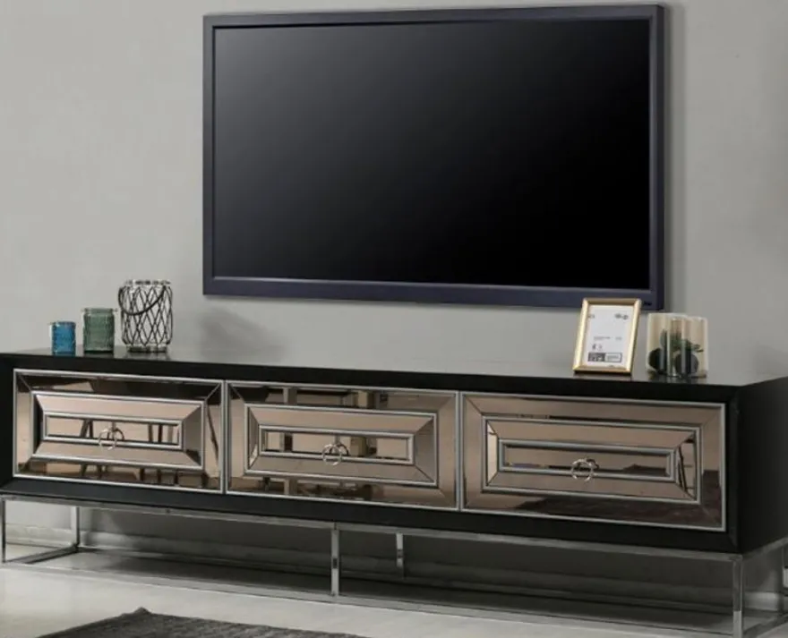 Casa Padrino Luxus TV Schrank mit 3 verspiegelten Schubladen Schwarz / Silber 220 x 49 x H. 64 cm - Wohnzimmer Möbel - Luxus Qualität