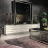 Casa Padrino Luxus TV Schrank Weiß / Silber 270 x 45 x H. 45 cm - Edles Massivholz Sideboard mit 6 Türen - Luxus Möbel - Luxus Qualität
