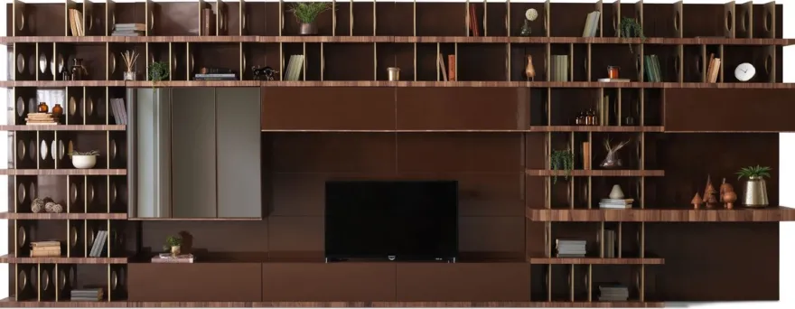 Casa Padrino Luxus TV Schrank Dunkelbraun / Braun / Messing 576 x 60 x H. 224 cm - Riesiger Massivholz Wohnzimmer Schrank - Wohnzimmer Möbel - Hotel Möbel - Luxus Möbel