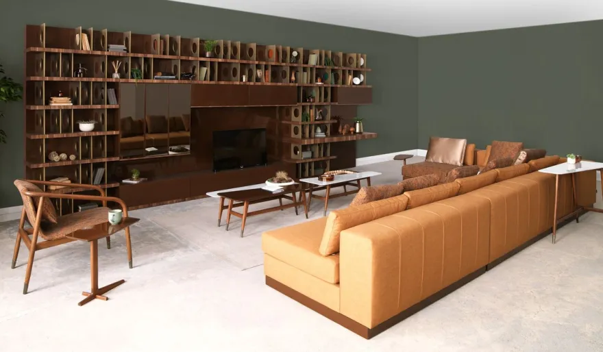Casa Padrino Luxus TV Schrank Dunkelbraun / Braun / Messing 576 x 60 x H. 224 cm - Riesiger Massivholz Wohnzimmer Schrank - Wohnzimmer Möbel - Hotel Möbel - Luxus Möbel
