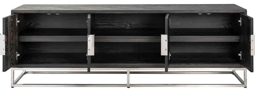 Casa Padrino Luxus TV Schrank Schwarz / Silber 185 x 42,5 x H. 60 cm - Massivholz Sideboard mit 4 Türen - Wohnzimmer Möbel - Hotel Möbel - Luxus Kollektion