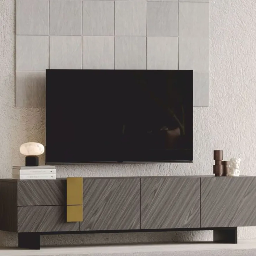 Casa Padrino Luxus TV Schrank Grau / Schwarz / Messing 220 cm - Wohnzimmer & Hotel Möbel