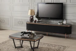 Casa Padrino Luxus TV Schrank Schwarz / Kupferfarben 208 x 48 x H. 57 cm - Fernsehschrank mit 4 Türen - Luxus Wohnzimmer Möbel