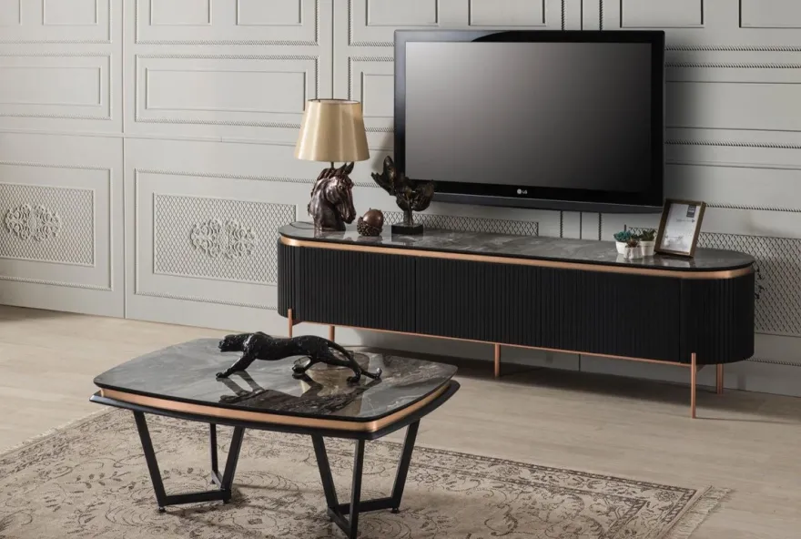 Casa Padrino Luxus TV Schrank Schwarz / Kupferfarben 208 x 48 x H. 57 cm - Fernsehschrank mit 4 Türen - Luxus Wohnzimmer Möbel