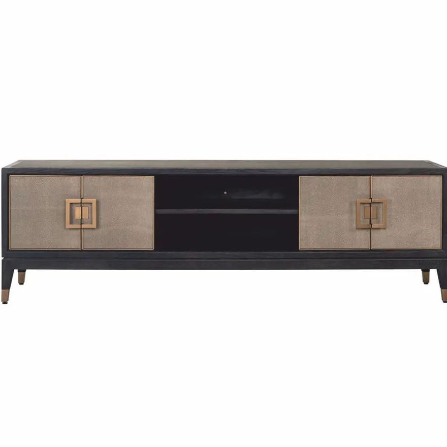 Casa Padrino Luxus TV Schrank Schwarz / Grau / Messing 185 cm - Wohnzimmer & Hotel Möbel