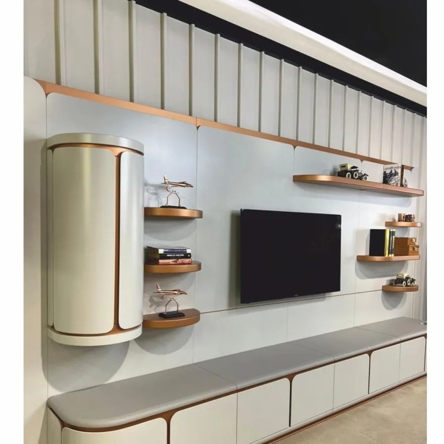 Casa Padrino Luxus TV Sideboard Weiß / Grau / Kupfer 400 cm - Wohnzimmer & Hotel Möbel