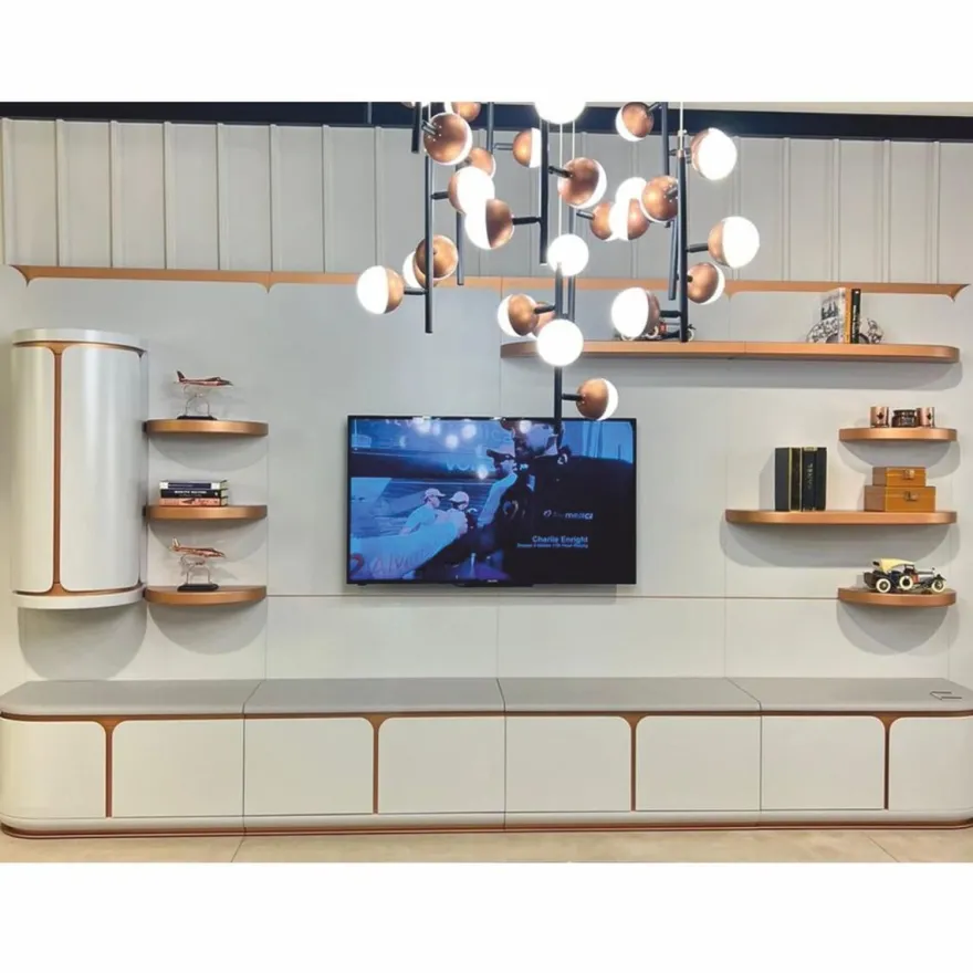 Casa Padrino Luxus TV Sideboard Weiß / Grau / Kupfer 400 cm - Wohnzimmer & Hotel Möbel