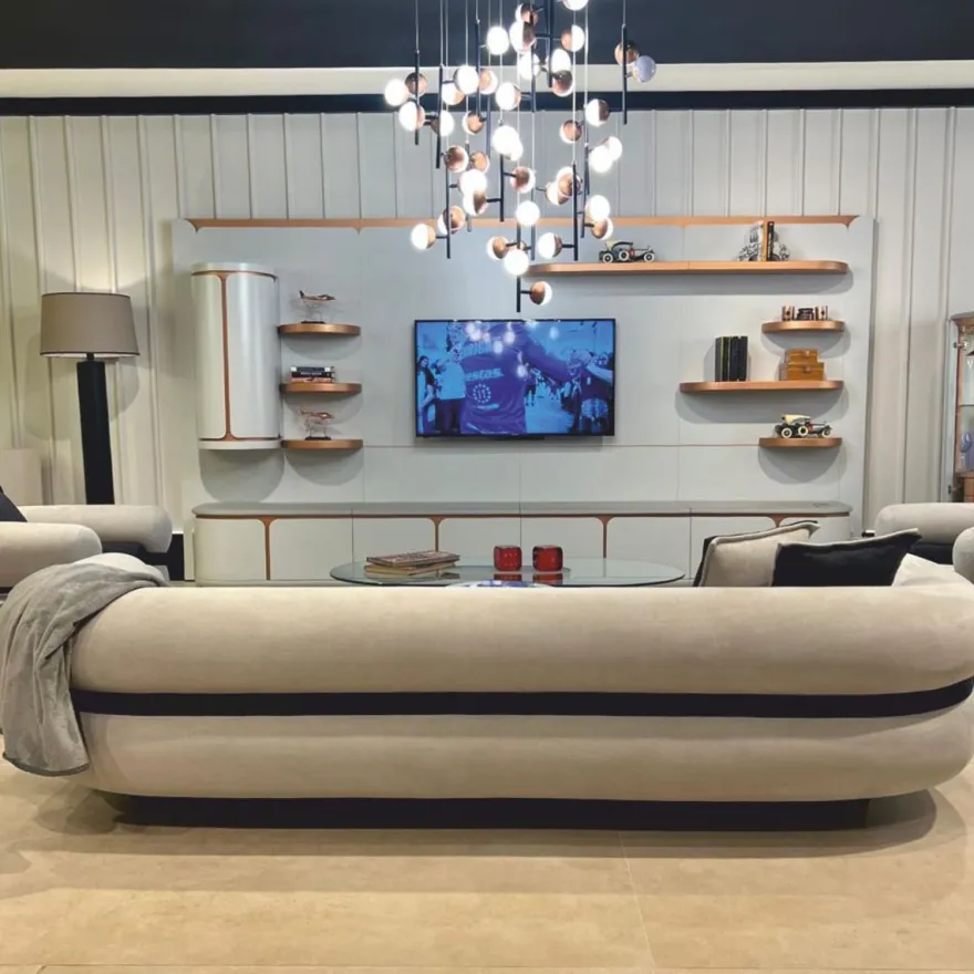 Casa Padrino Luxus TV Sideboard Weiß / Grau / Kupfer 400 cm - Wohnzimmer & Hotel Möbel
