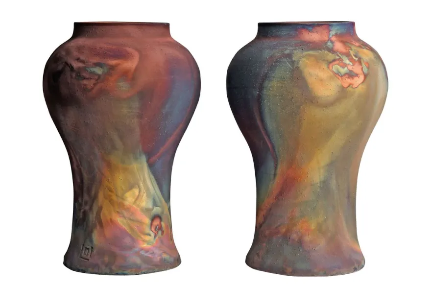 Casa Padrino Luxus Vase Kupferfarben Ø 22 x H. 34 cm - Deko Vase aus Steingut mit matter kupferfarbener Oberfläche im Raku-Stil - Luxus Deko Accessoires