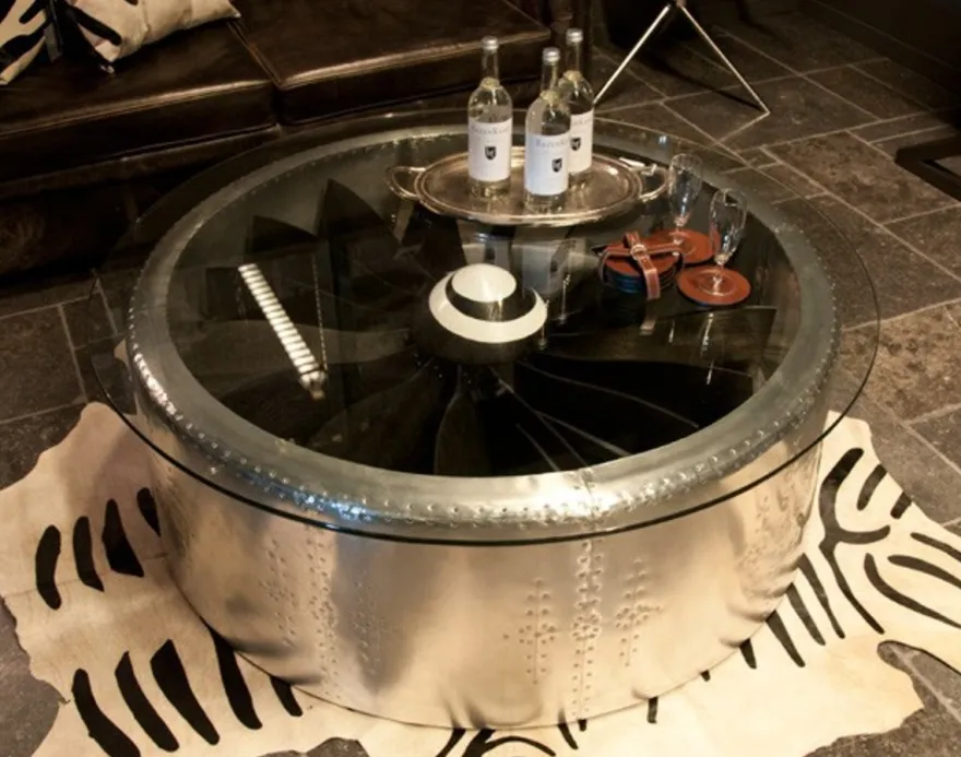 Casa Padrino Luxus Vintage Art Deco Couchtisch Airplane aus Aluminium und Glas, 128 cm Durchmesser