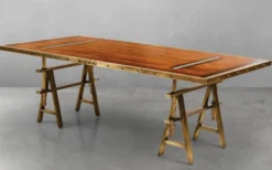 Casa Padrino Luxus Vintage Industrie Stil Esstisch Braun / Messing 226,5 x 111 x H. 75,5 cm - Rechteckiger Esszimmertisch mit Massivholz Tischplatte - Luxus Vintage Industrie Stil Esszimmer Möbel