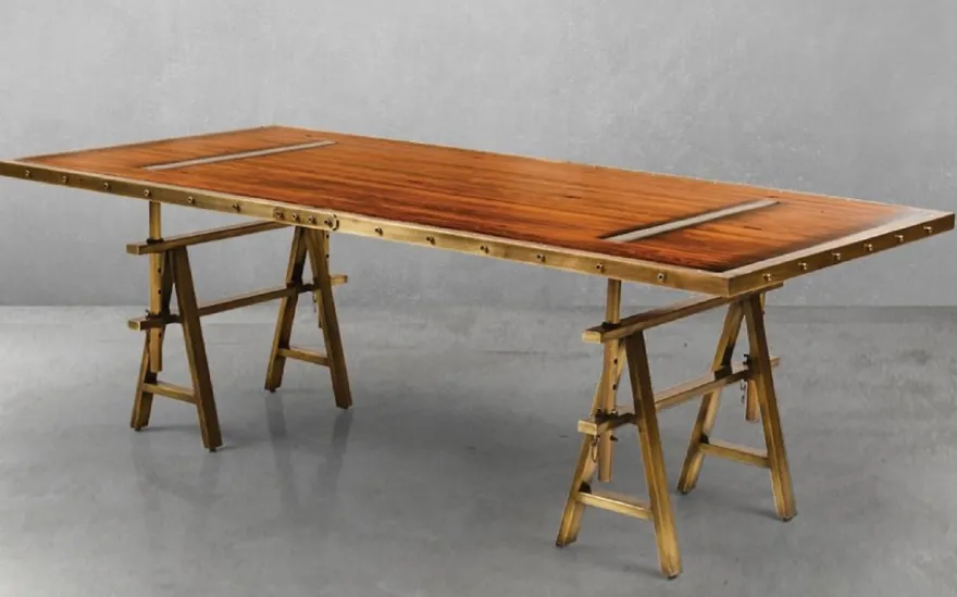 Casa Padrino Luxus Vintage Industrie Stil Esstisch Braun / Messing 226,5 x 111 x H. 75,5 cm - Rechteckiger Esszimmertisch mit Massivholz Tischplatte - Luxus Vintage Industrie Stil Esszimmer Möbel