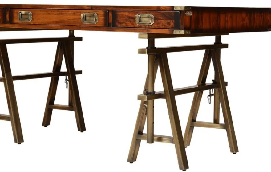 Casa Padrino Luxus Vintage Industrie Stil Schreibtisch Braun / Messing 149 x 85 x H. 77,5 cm - Bürotisch mit 3 Schubaden - Luxus Vintage Industrie Stil Büro Möbel