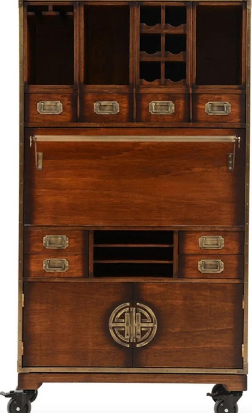 Casa Padrino Luxus Vintage Stil Barschrank mit Rollen Braun 96 x 37 x H. 173,5 cm - Massivholz Weinschrank - Vintage Stil Bar Möbel - Luxus Bar Möbel - Massivholz Bar Möbel
