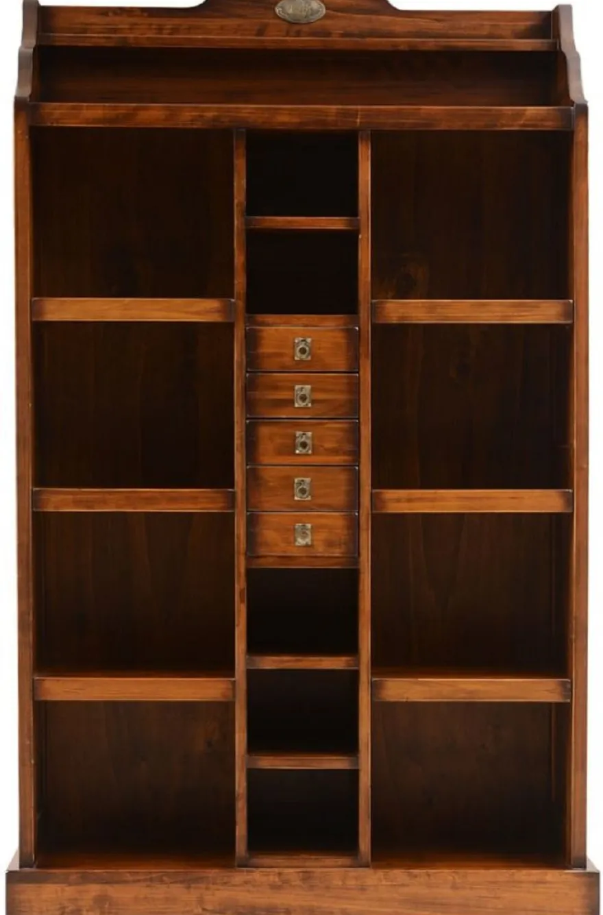 Casa Padrino Luxus Vintage Stil Bücherschrank Braun / Messing 105 x 35 x H. 169 cm - Massivholz Regalschrank - Wohnzimmer Schrank - Büro Schrank - Büro Möbel - Luxus Vintage Stil Möbel
