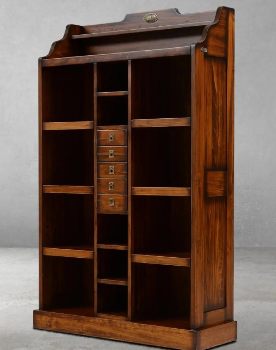 Casa Padrino Luxus Vintage Stil Bücherschrank Braun / Messing 105 x 35 x H. 169 cm - Massivholz Regalschrank - Wohnzimmer Schrank - Büro Schrank - Büro Möbel - Luxus Vintage Stil Möbel