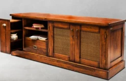 Casa Padrino Luxus Vintage Stil TV Schrank Braun / Messing 161 x 52 x H. 66 cm - Vintage Stil Sideboard mit 2 Türen und 2 Schubladen - Vintage Stil Wohnzimmer Möbel - Luxus Wohnzimmer Möbel