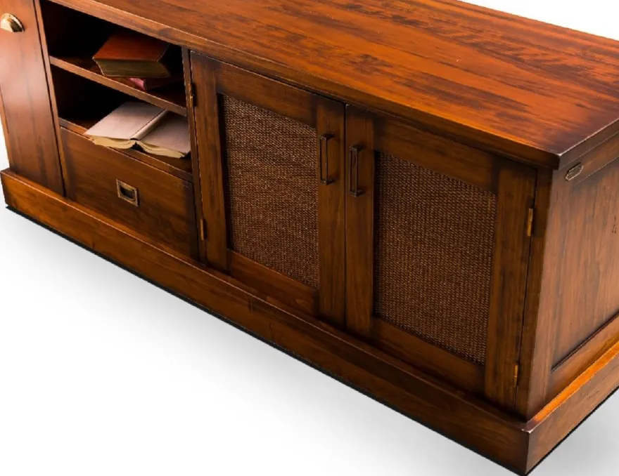 Casa Padrino Luxus Vintage Stil TV Schrank Braun / Messing 161 x 52 x H. 66 cm - Vintage Stil Sideboard mit 2 Türen und 2 Schubladen - Vintage Stil Wohnzimmer Möbel - Luxus Wohnzimmer Möbel