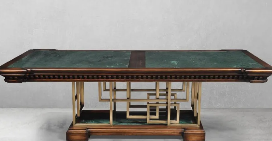 Casa Padrino Luxus Vintage Stil Esstisch Braun / Grün / Messing 250 x 124 x H. 77,5 cm - Rechteckiger Massivholz Esszimmertisch - Esszimmer Möbel - Vintage Stil Möbel - Luxus Möbel