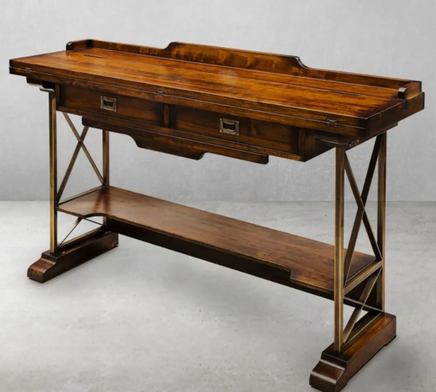 Casa Padrino Luxus Vintage Stil Konsole Braun / Messing 140 x 40 x H. 89 cm - Massivholz Konsolentisch mit 2 Schubladen - Massivholz Möbel - Vintage Stil Möbel - Luxus Möbel
