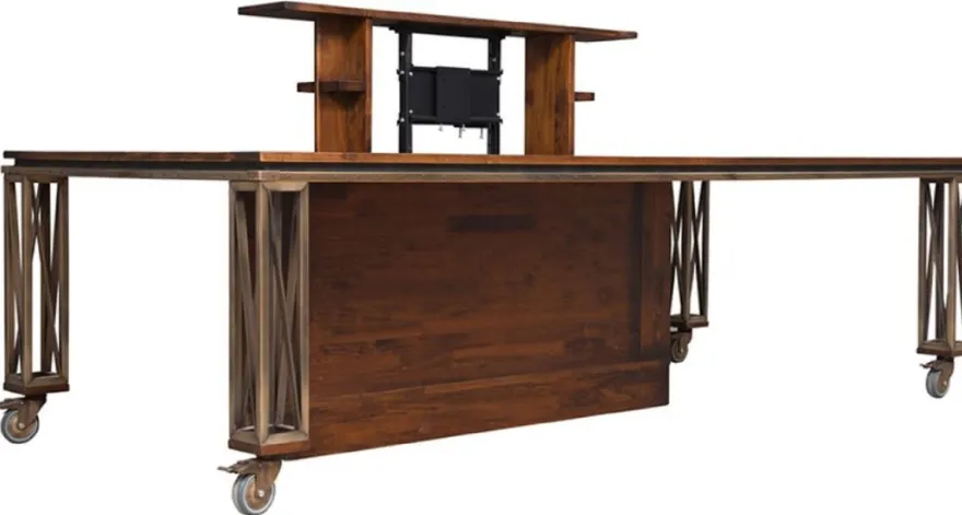 Casa Padrino Luxus Vintage Stil Schreibtisch Braun / Messing / Schwarz 270 x 120 x H. 76 cm - Massivholz Bürotisch mit Rollen - Vintage Stil Büro Möbel - Luxus Büro Möbel