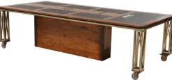 Casa Padrino Luxus Vintage Stil Schreibtisch Braun / Messing / Schwarz 270 x 120 x H. 76 cm - Massivholz Bürotisch mit Rollen - Vintage Stil Büro Möbel - Luxus Büro Möbel