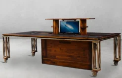 Casa Padrino Luxus Vintage Stil Schreibtisch Braun / Messing / Schwarz 270 x 120 x H. 76 cm - Massivholz Bürotisch mit Rollen - Vintage Stil Büro Möbel - Luxus Büro Möbel