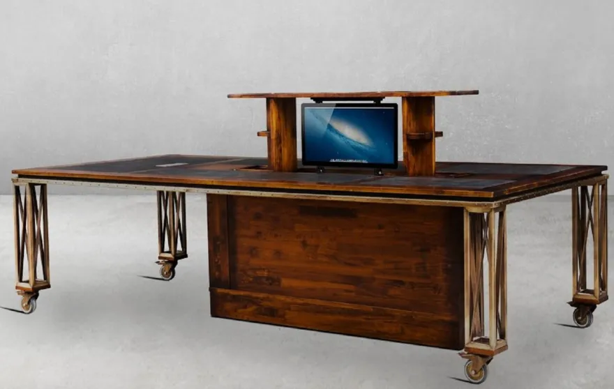 Casa Padrino Luxus Vintage Stil Schreibtisch Braun / Messing / Schwarz 270 x 120 x H. 76 cm - Massivholz Bürotisch mit Rollen - Vintage Stil Büro Möbel - Luxus Büro Möbel