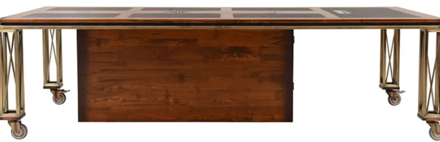 Casa Padrino Luxus Vintage Stil Schreibtisch Braun / Messing / Schwarz 270 x 120 x H. 76 cm - Massivholz Bürotisch mit Rollen - Vintage Stil Büro Möbel - Luxus Büro Möbel