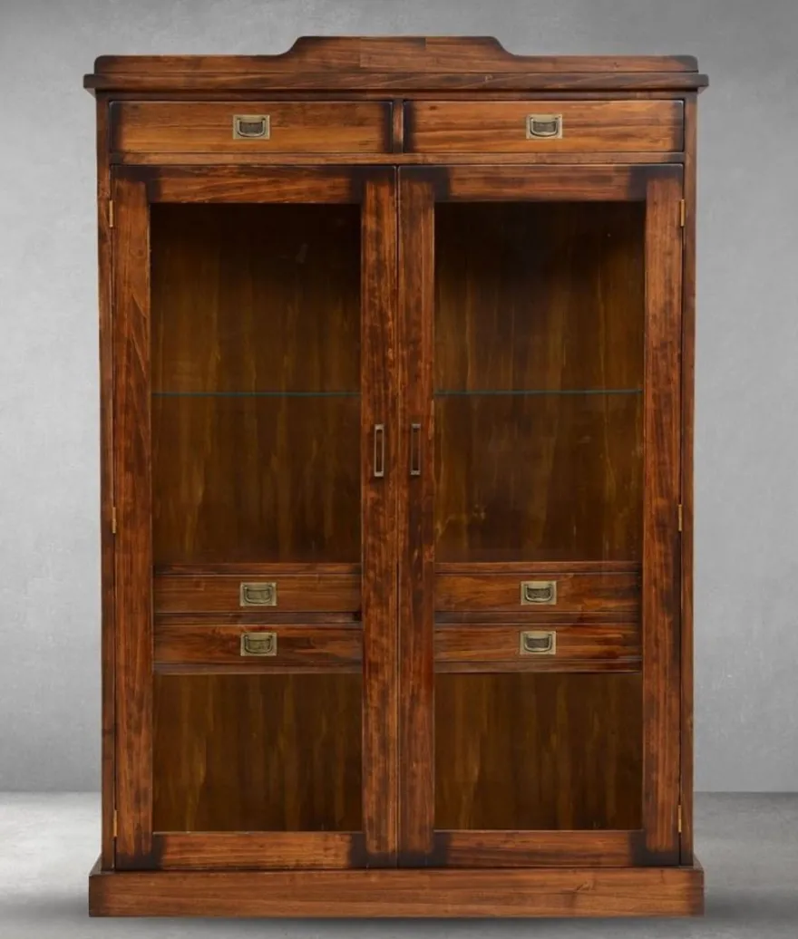 Casa Padrino Luxus Vintage Stil Vitrine Braun / Messing 120 x 37 x H. 171,5 cm - Massivholz Vitrinenschrank mit 2 Glastüren und 6 Schubladen - Massivholz Möbel - Vintage Stil Möbel - Luxus Möbel