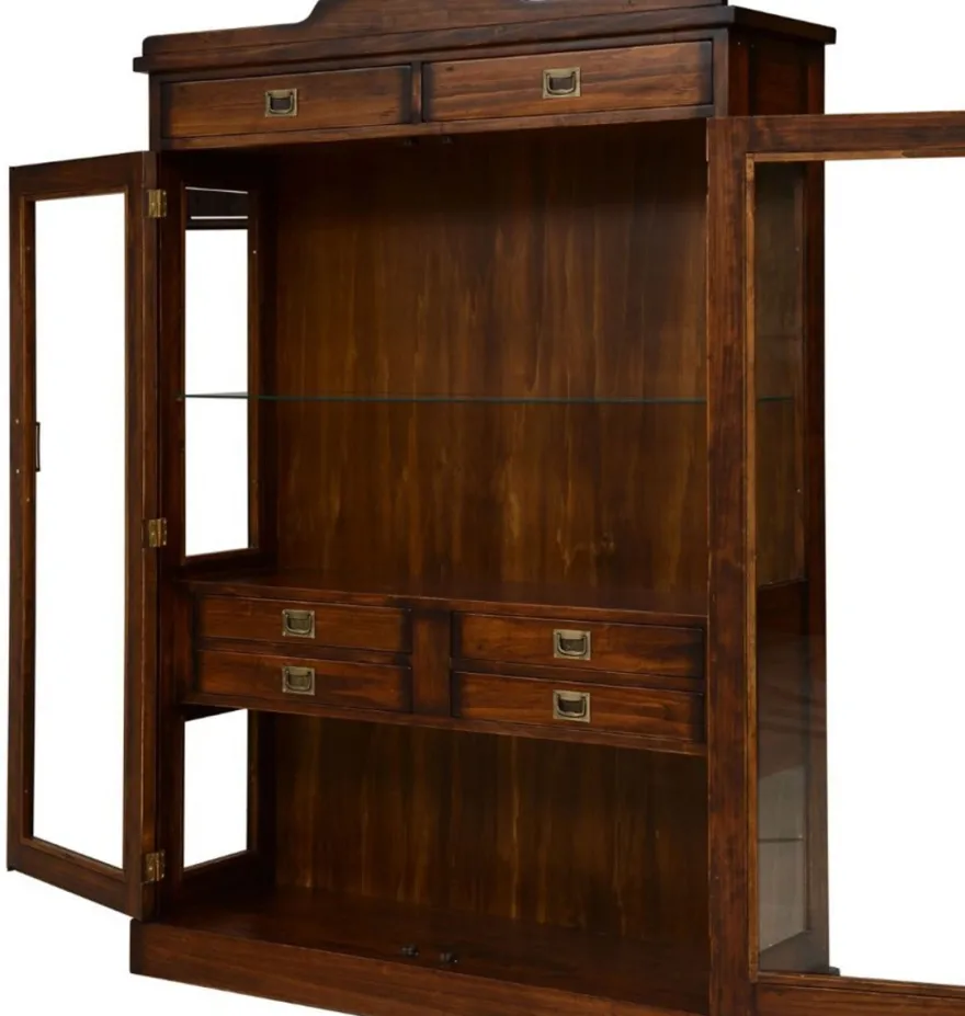 Casa Padrino Luxus Vintage Stil Vitrine Braun / Messing 120 x 37 x H. 171,5 cm - Massivholz Vitrinenschrank mit 2 Glastüren und 6 Schubladen - Massivholz Möbel - Vintage Stil Möbel - Luxus Möbel