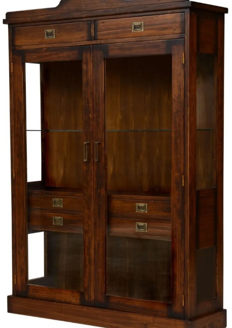 Casa Padrino Luxus Vintage Stil Vitrine Braun / Messing 120 x 37 x H. 171,5 cm - Massivholz Vitrinenschrank mit 2 Glastüren und 6 Schubladen - Massivholz Möbel - Vintage Stil Möbel - Luxus Möbel